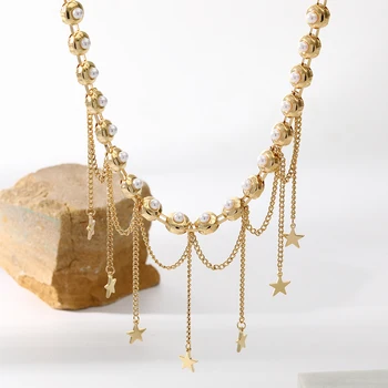 Olej Drop Pentagram Náhrdelník Pre Ženy Jednoduchý Ľahký Luxusné Dámske Prírodné Perly Clavicle Reťazca Banquet Darček Šperky Veľkoobchod