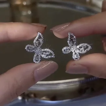 Luxusné Strieborné Farba Crystal Zirkón Motýľ Stud Náušnice Pre Ženy 2022 Nový Kórejský Náušnice, Módne Trendy Ženské Šperky