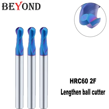 ZA HRC60 Modrá Nanometrov Volfrámové Ocele Predĺžená Lopta Rezanie Karbidu Loptu Konci Mlyn 2Flutes Potiahnuté L75 L100 L150