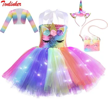 Detská Narodeninová Párty Žiariace Jednorožec Kostým Dievčatá, Deti Sequin Rainbow LED Svetlá Tutu Šaty Svetový Deň Knihy Fancy Dress Up