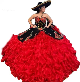 Čierna A Červená Mexickej Sladké 15 Quinceanera Šaty Charro Kvetinový Nášivka Volánikmi Milú, Výšivky Vestidos De 15 Años 2022