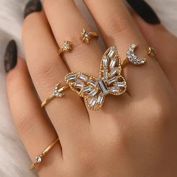 Zlatá Farba Motýľ Zirkón Mesiac Prsteň pre Ženy Boho Módne Geometrie Pearl Star Drahokamu Kúzlo Prst Prsteň Pláži Šperky