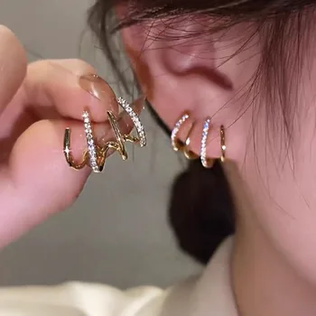 Kórejský Earing Pazúr Ucho Klip Náušnice pre Ženy so Štyrmi Kolíkmi Crystal Zlatá Farba Ucho Náušnice Nové Módne Šperky