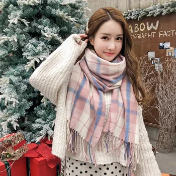 Kockovaný šál jeseň zima nový štýl imitácia cashmere lady Japonský malé čerstvé dievča dlho pribrala šatku kórejská verzia