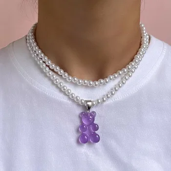 Kreatívne Candy Gummy Bear Prívesky, Perlové Náhrdelníky pre Ženy Viacvrstvových Imitácia Perlový Náhrdelník Mužov Harajuku Choker Šperky