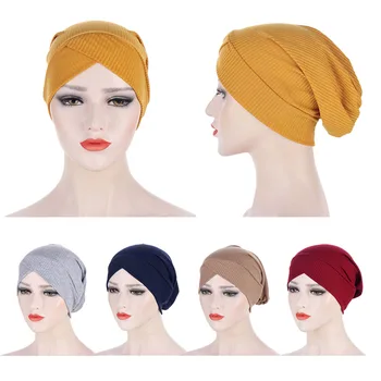 Čelo Kríž Moslimských Turban Solid Farba Vlasov Úsek Bavlna Vnútorné Klobúk Pre Caps Pripravené Na Nosenie Ženy Hlavu Šatku Pod Kapoty