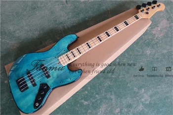 4-string elektrická basgitara, jasná modrá JB basy flamed maple dyha, javorový hmatník biela záväzné, čierne tlačidlá