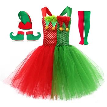 Christmas Elf Oblečenie pre Deti, Dievčatá, Výrez Tutu Šaty, Klobúk, Topánky, Pančuchy Oblek pre Halloween Vianoce Maškaráda Strany Cosplay Kostým