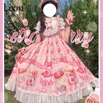 Japonský mäkké sestra Lolita jahodový koláč čipky okraji šitie vysoký pás Lolita jsk ženské šaty letné šaty bez Rukávov