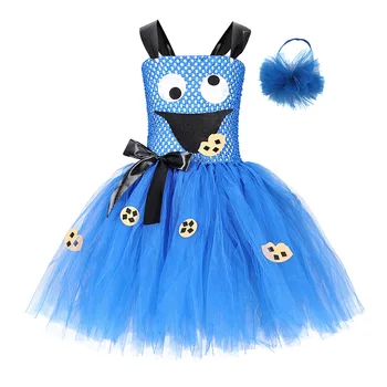 Princezná Dievčatá Cookie Monster Šaty Deti Cosplay Kostýmy S Hlavovým Oblúkom Detí Výkon Narodeniny Jungle Party Oblečenie Modrá