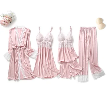 Satin Sleepwear Ženy 5 KS Pyžamo Nastaviť Kimono Šaty Čipky Nightgown S Lukom tvaru Župan Sexy Plavky Mäkké Pyžamá, spodná Bielizeň