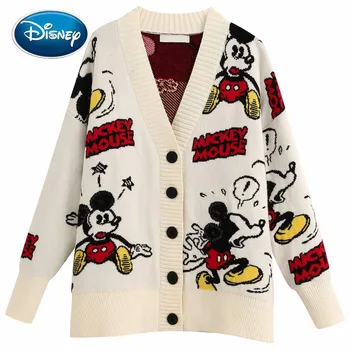 Disney Štýlový Mickey Mouse Karikatúra Tlače tvaru Cardigan Single-breasted Streetwear Ženy Sveter Biele Pletené Dlhý Rukáv Top