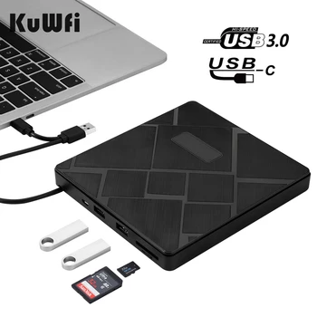 KuWFi USB3.0+Typ-C DVD Napaľovačka diskov DVD RW, CD Spisovateľ Externej Optickej Jednotky CD/DVD Prehrávač TF/SD Kariet pre Mac Notebooku Windows PC
