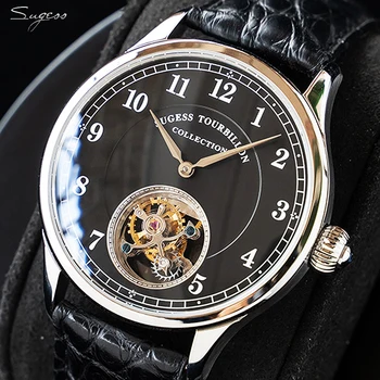 Sugess Reálne Tourbillon Podnikania Muži Sledovať Seagull ST8000 Pohyb Luxusné kostra mechanické hodinky Sapphire Striebra, Zlata, Hodinky