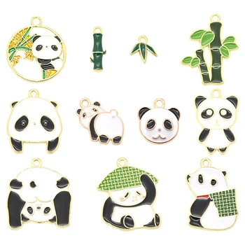 10pcs Roztomilý Kreslený Bamboo Panda Smalt Charms Pozlátené Zliatiny Kovové Prívesky Pre DIY Náhrdelník Náramok Náušnice Šperky Robiť